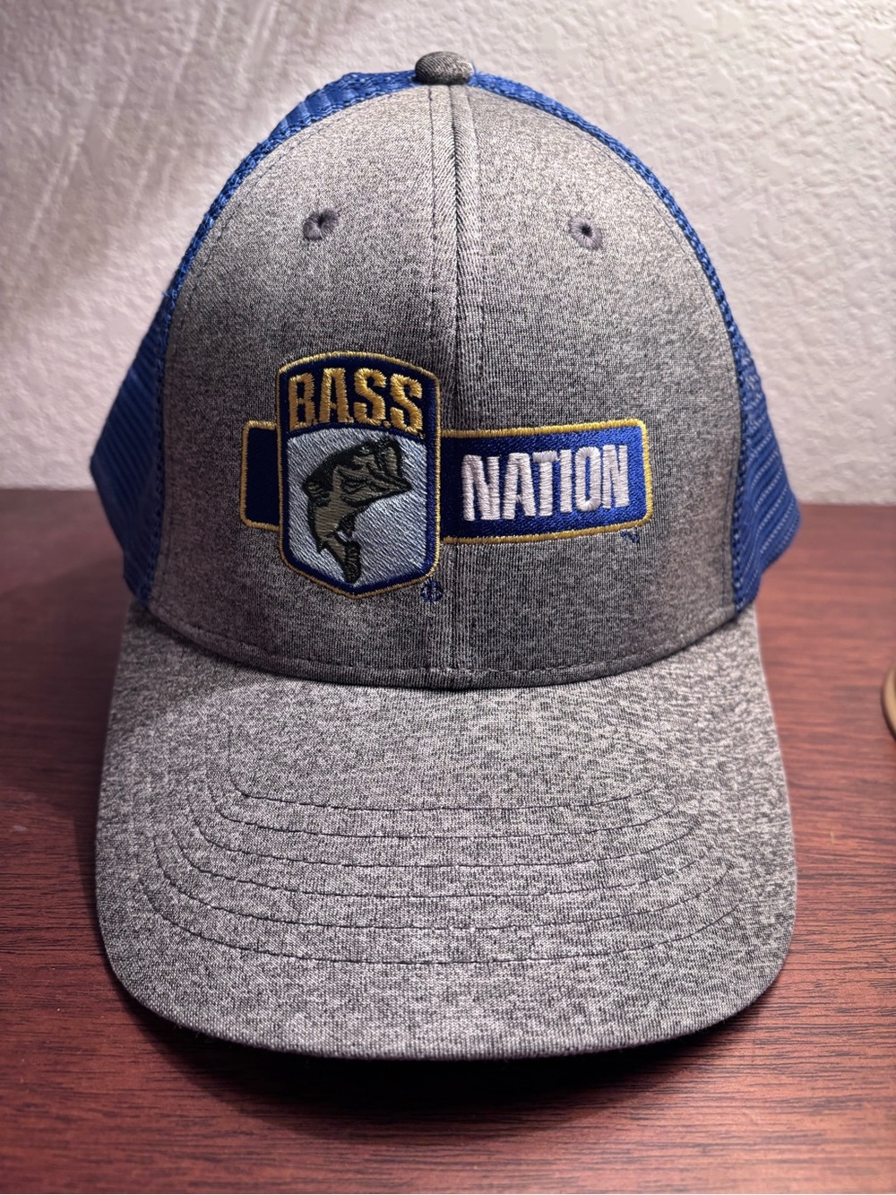 BASS Nation Fishing Trucker Hat Gray Blue Mesh Adjustable Snapback